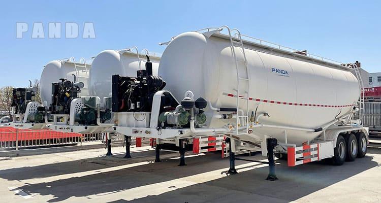 50cbm-cement-bulker-7 Pneumatic cement tanker product view showing the tank and three-axle chassis