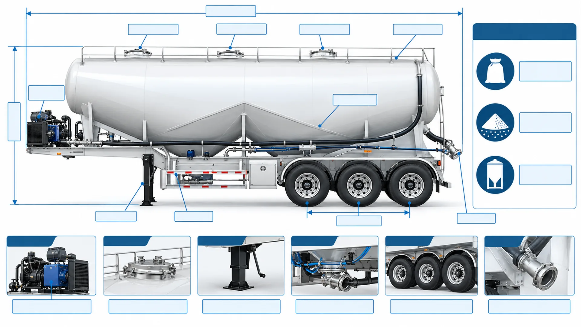 40 ton cement tanker technical layout template Illustrative three-axle cement tanker technical layout template with blank dimension and payload-volume callouts