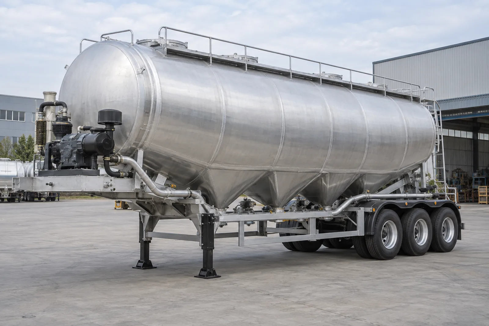 Aluminum pneumatic dry bulk trailer illustration Illustration of an unpainted aluminum pneumatic dry bulk trailer in a manufacturing yard