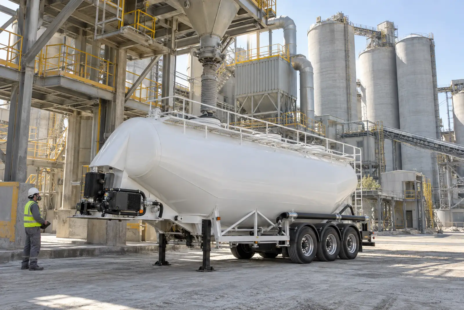Bulk cement loading scene illustration Illustration of a bulk cement tanker connected to a loading spout below cement plant silos