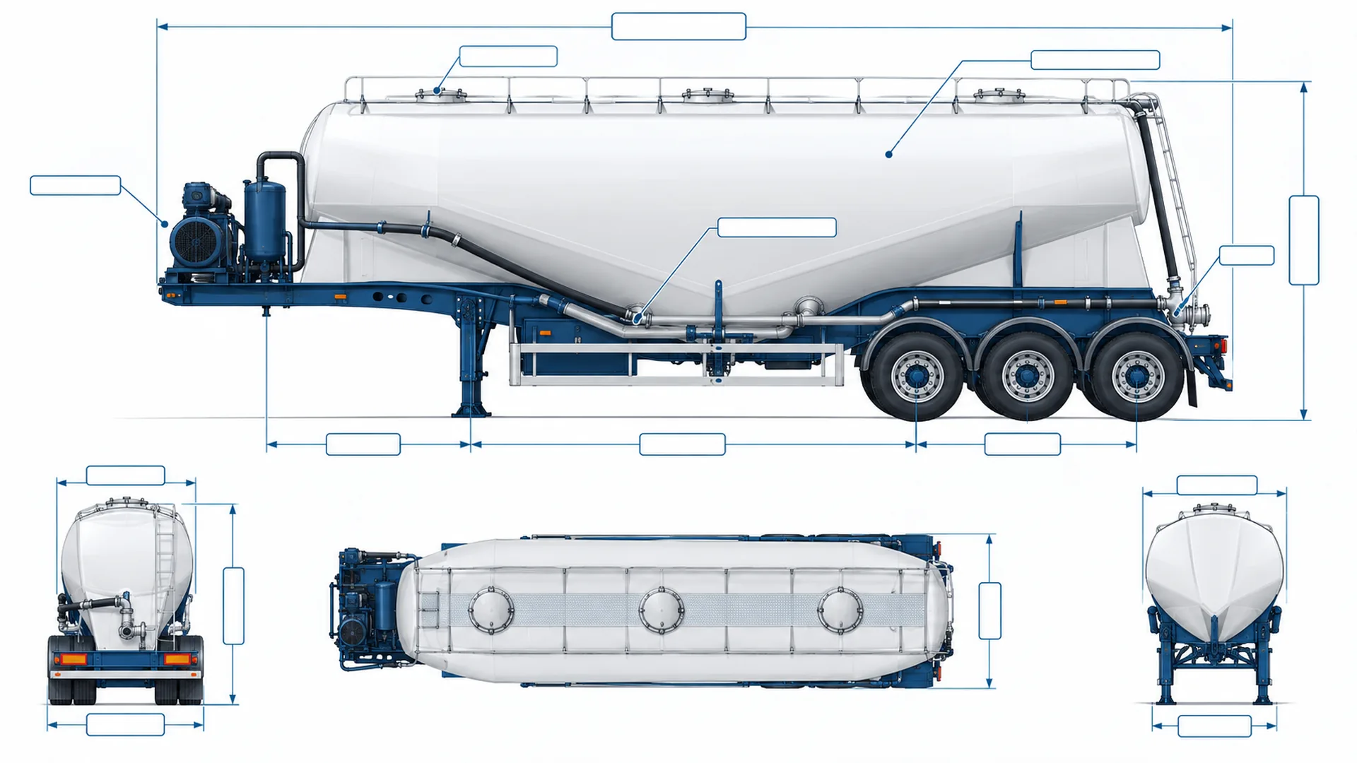 Cement bulker specifications layout illustration Cement bulker specification layout illustration with blank dimension and equipment callouts