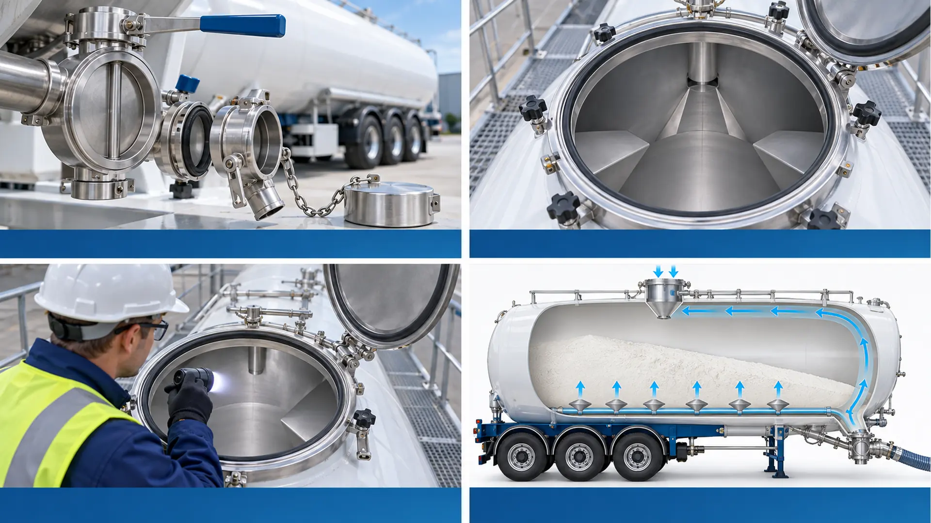 Flour tanker hygiene structure illustration Flour tanker hygiene structure illustration showing valve, tank interior, inspection access and pneumatic flow