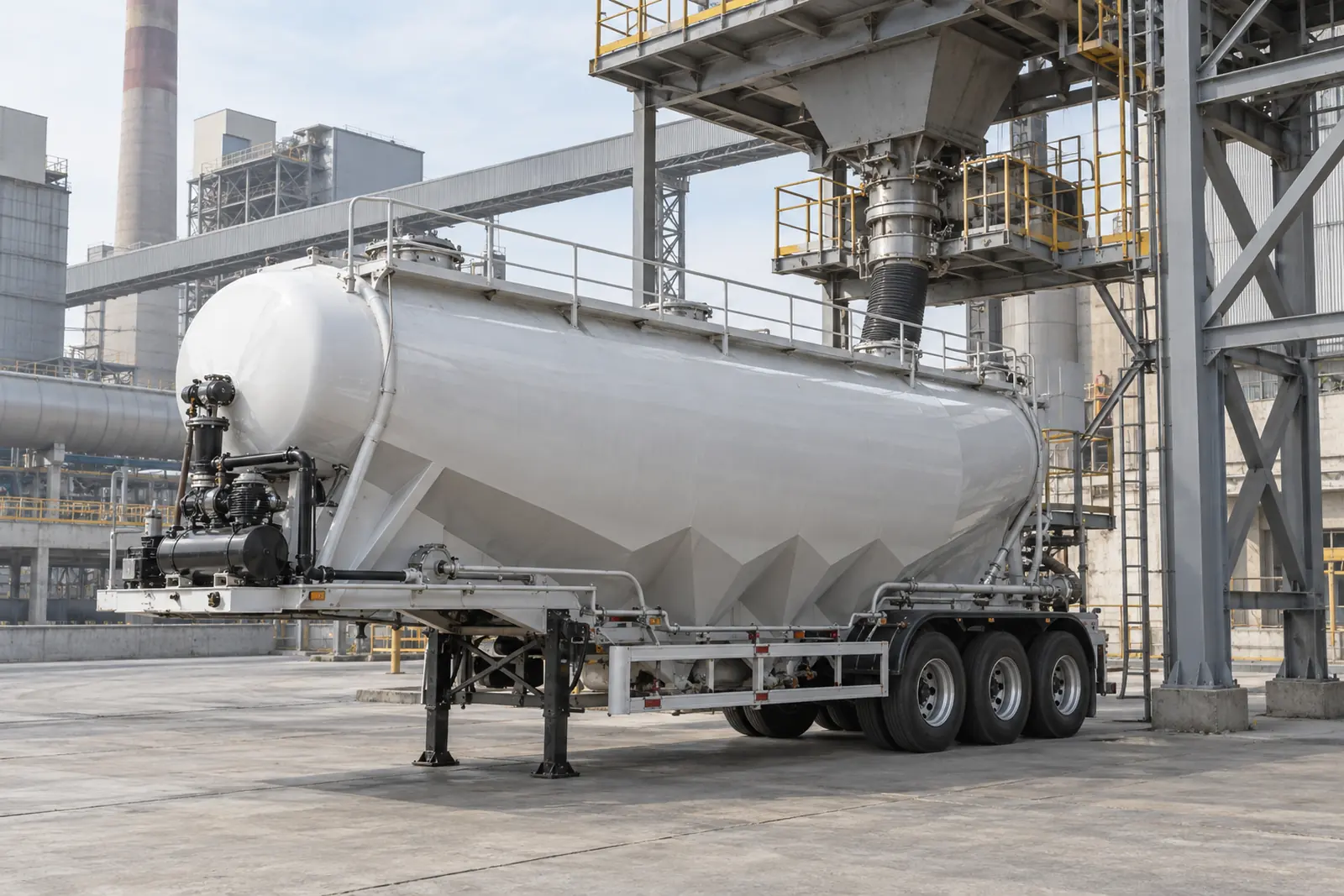 Fly ash bulker application illustration Illustration of a three-axle pneumatic fly ash bulker trailer in an industrial ash handling area