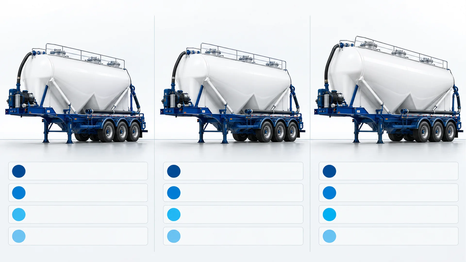 Three-axle cement tanker configuration comparison Illustrative comparison of three representative three-axle cement tanker configurations with blank specification fields