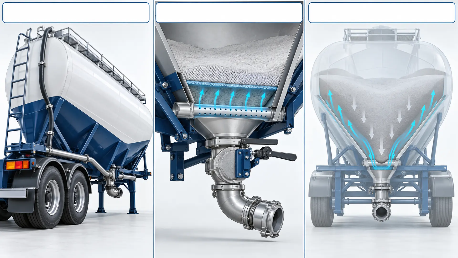 V-type cement tanker structure and powder flow illustration Illustration of V-type cement tanker lower structure, aeration area, discharge outlet and powder flow